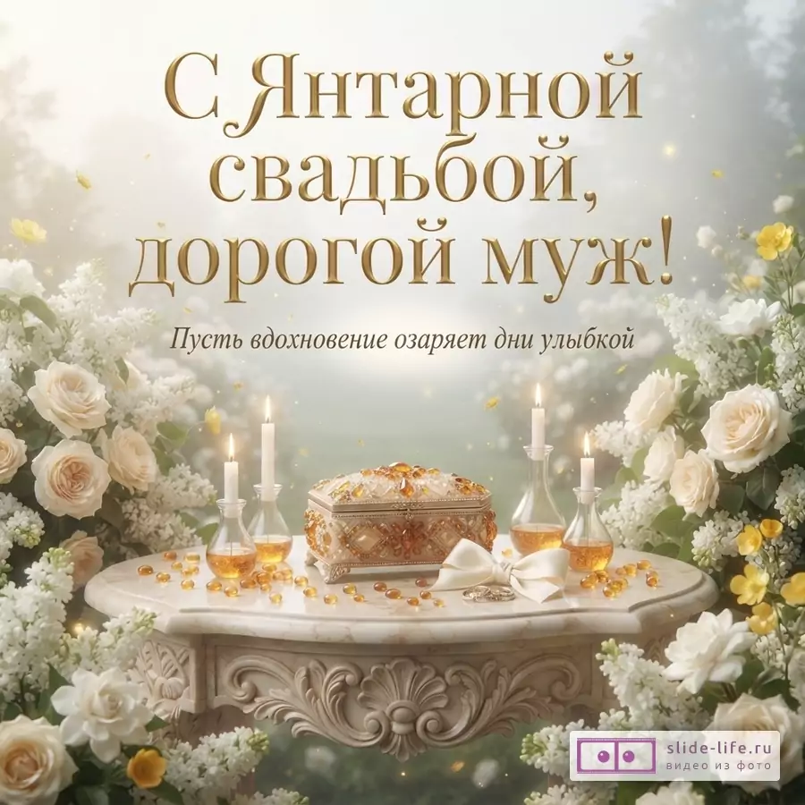 Открытка с бежевым фоном, золотым текстом «С Янтарной свадьбой, дорогой муж! Пусть вдохновение озаряет дни улыбкой». На переднем плане мраморный стол с янтарной шкатулкой, свечами, янтарными бусинами, белыми розами и сиренью.