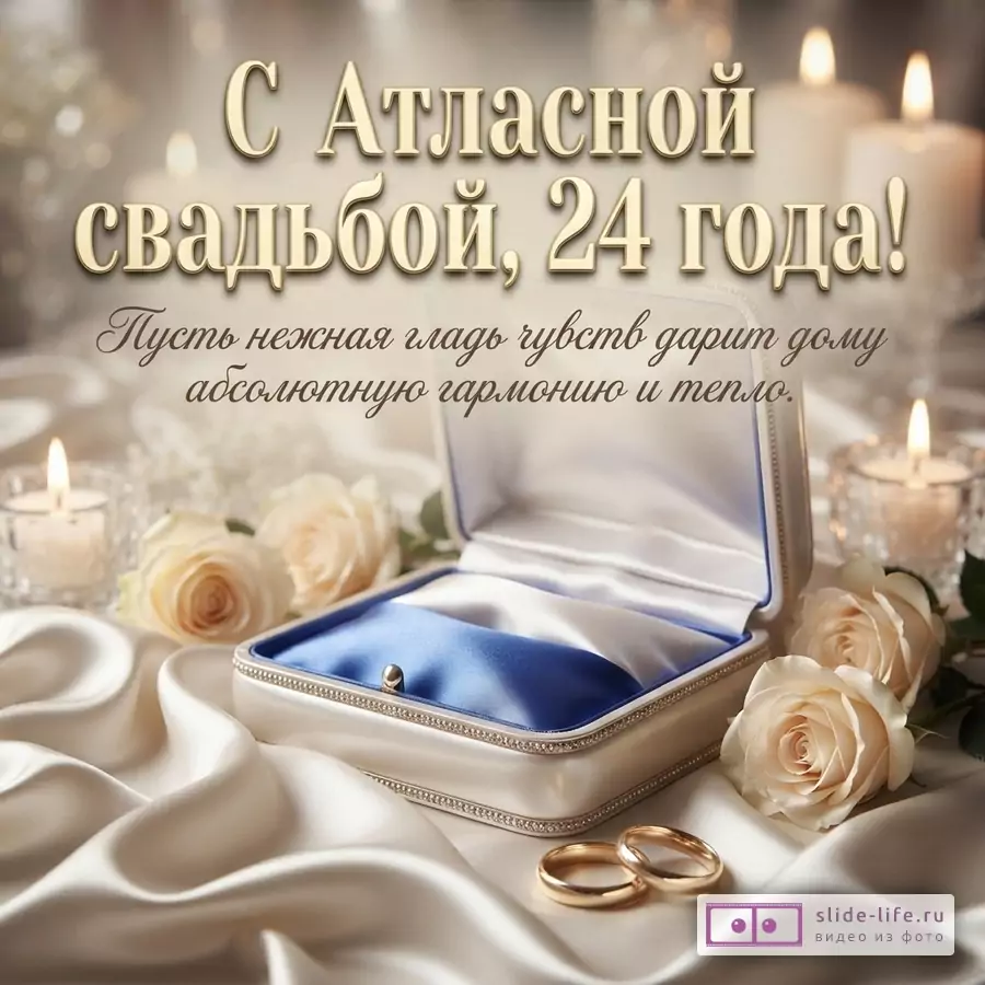 Открытая шкатулка с синей атласной подушечкой, золотые обручальные кольца, белые розы, свечи и надпись «С Атласной свадьбой, 24 года! Пусть нежная гладь чувств дарит дому абсолютную гармонию и тепло.»