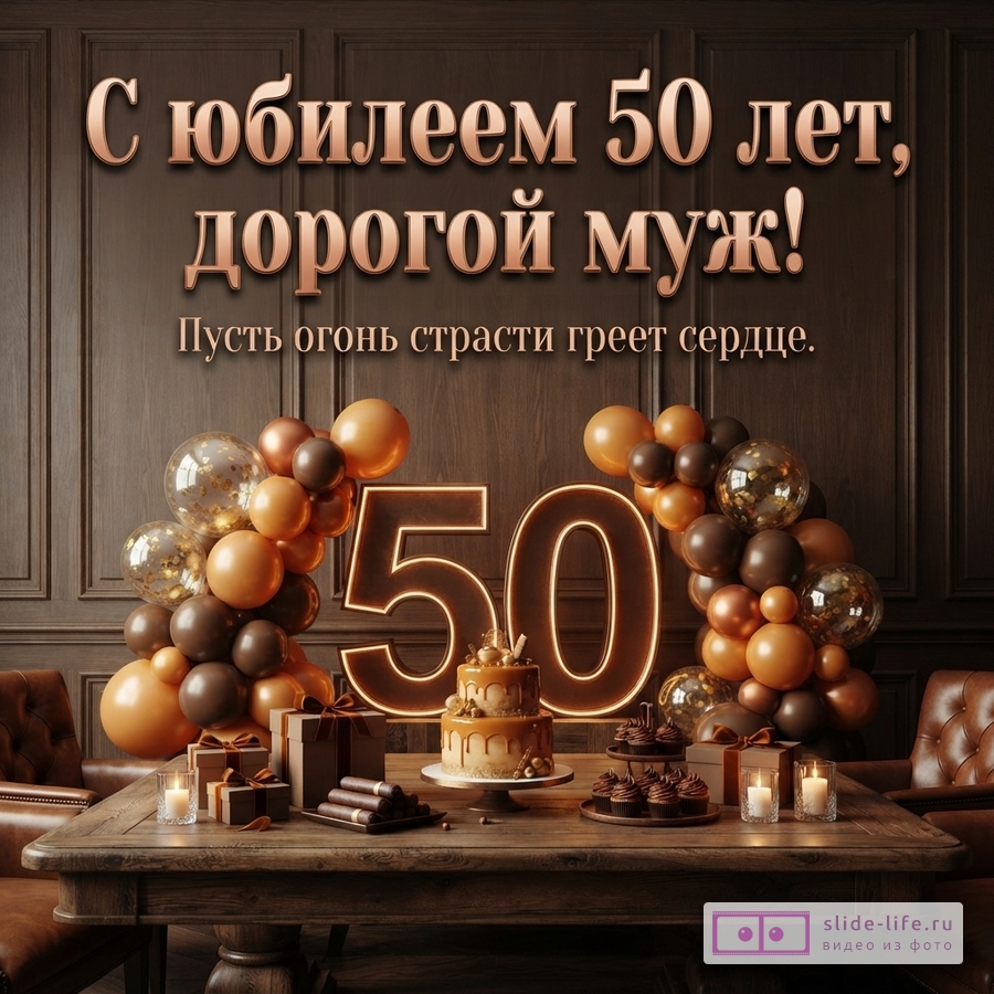 Темно-коричневая стена, деревянный стол, два кожаных кресла, шары коричневых и оранжевых оттенков, светящиеся цифры «50», торт, кексы, подарки, свечи. Текст: «С юбилеем 50 лет, дорогой муж! Пусть огонь страсти греет сердце.»