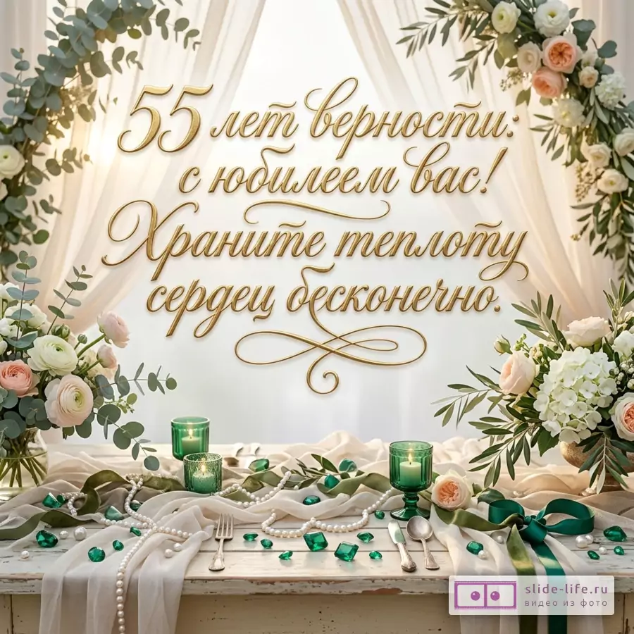 Свадебная открытка к 55-летию брака, светлый кремовый фон, белые драпировки, золотая каллиграфия «55 лет верности: с юбилеем вас! Храните теплоту сердец бесконечно.», цветы, зелень, свечи, изумрудные камни, жемчуг, ленты, столовые приборы