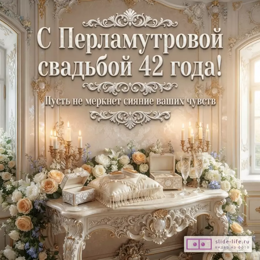 Бежевый фон, текст «С Перламутровой свадьбой 42 года! Пусть не меркнет сияние ваших чувств», цветочные композиции, свечи, шкатулки, бокалы