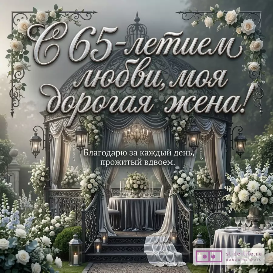 Серая свадебная открытка с беседкой, белыми розами, фонарями, цветочными арками и текстом «С 65-летием любви, моя дорогая жена! Благодарю за каждый день, прожитый вдвоем.»