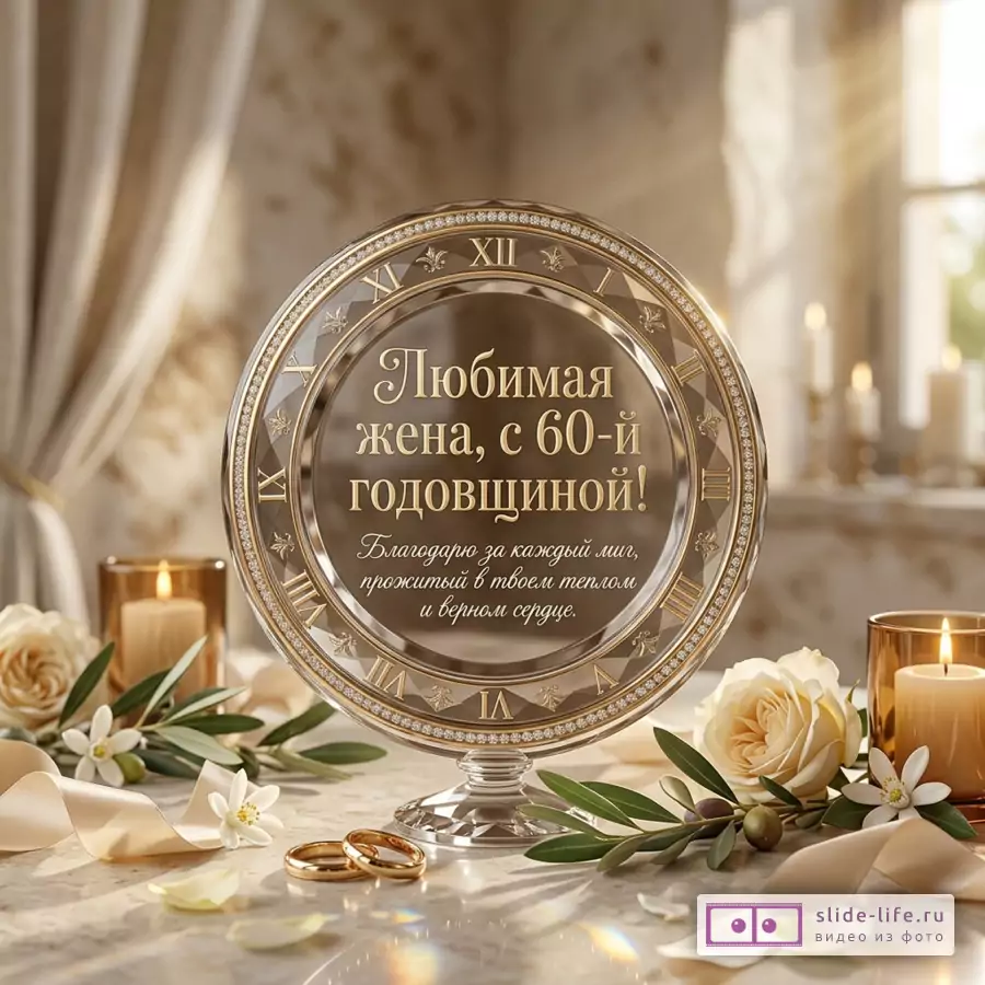 Круглые настольные часы в золотистых тонах, свечи, белые розы, оливковые ветви, ленты и кольца на светлом фоне, текст «Любимая жена, с 60-й годовщиной! Благодарю за каждый миг, прожитый в твоем теплом и верном сердце.»