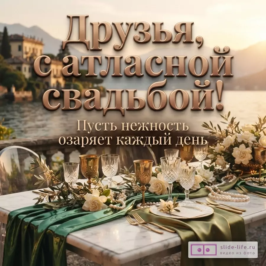 Сервированный праздничный стол с зеленым атласом, бокалами и цветами на фоне озера и гор с текстом «Друзья, с атласной свадьбой! Пусть нежность озаряет каждый день».