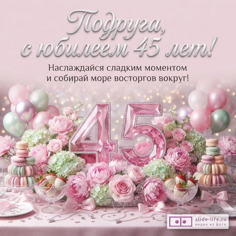 Розовый фон с боке, сверху надпись «Подруга, с юбилеем 45 лет! Наслаждайся сладким моментом и собирай море восторгов вокруг!», в центре большие розовые цифры 45 из кристаллов, вокруг них розовые и светло-зеленые цветы, воздушные шары, пирожные макарон, десерты с клубникой, бусы и бантики.