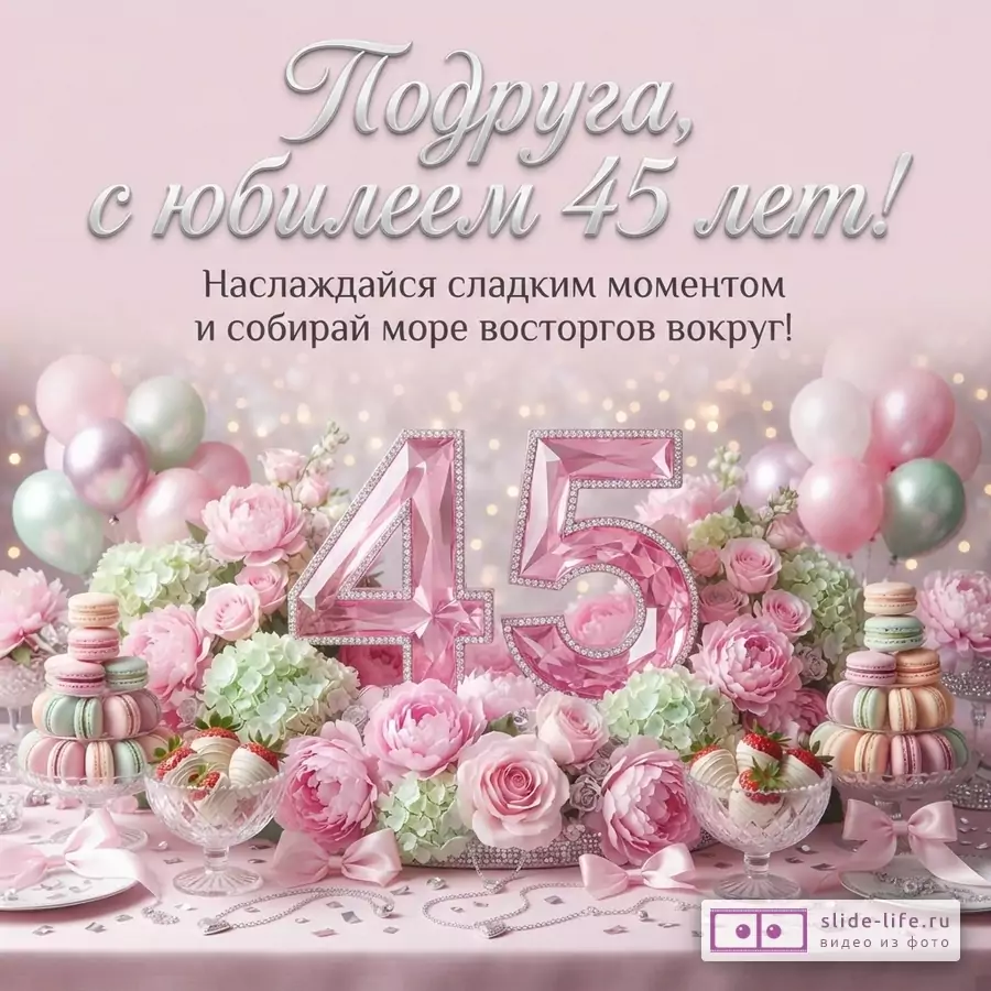 Розовый фон с боке, сверху надпись «Подруга, с юбилеем 45 лет! Наслаждайся сладким моментом и собирай море восторгов вокруг!», в центре большие розовые цифры 45 из кристаллов, вокруг них розовые и светло-зеленые цветы, воздушные шары, пирожные макарон, десерты с клубникой, бусы и бантики.