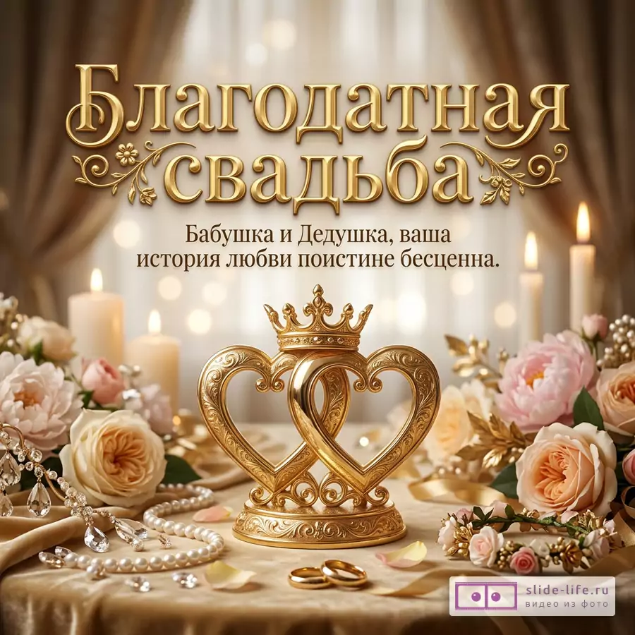 Бежевая открытка с драпировкой, золотой надписью «Благодатная свадьба» и текстом «Бабушка и Дедушка, ваша история любви любви поистине бесценна.», свечами, розами, жемчугом, кольцами и золотым декором с сердцами