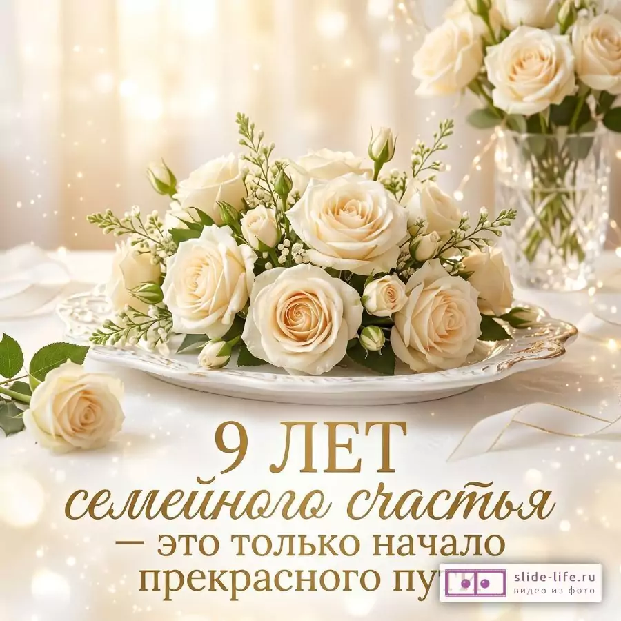 Светло-бежевый фон с золотистыми бликами, кремовые розы на белом блюде и в стеклянной вазе. Текст: «9 ЛЕТ семейного счастья — это только начало прекрасного пути»
