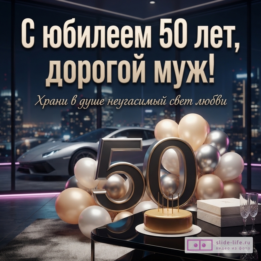 Открытка на темном фоне с видом на ночной город, на переднем плане стол с тортом, шарами и цифрами «50». Текст: «С юбилеем 50 лет, дорогой муж! Храни в душе неугасимый свет любви»