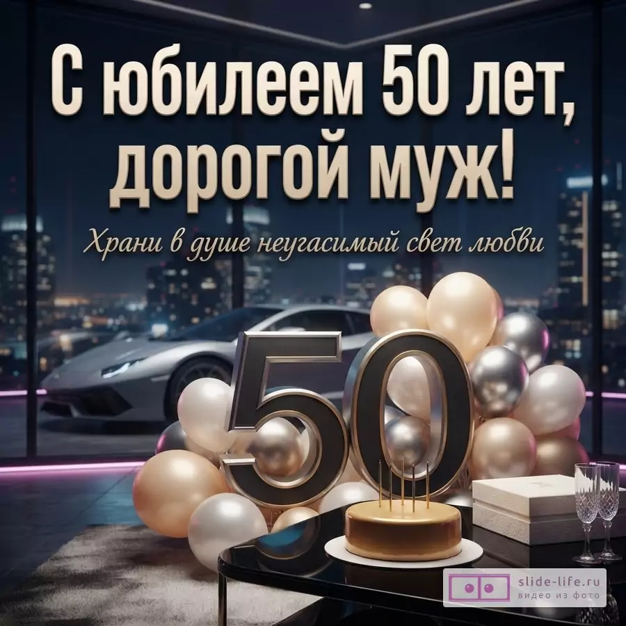 Открытка на темном фоне с видом на ночной город, на переднем плане стол с тортом, шарами и цифрами «50». Текст: «С юбилеем 50 лет, дорогой муж! Храни в душе неугасимый свет любви»