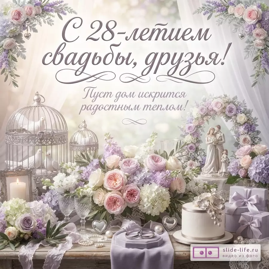Светлый фон, цветочные композиции из сиреневых, розовых и белых цветов, две клетки с белыми голубями, статуэтка пары, обручальные кольца, торт, подарки. Текст: «С 28-летием свадьбы, друзья! Пуст дом искрится, радостным теплом!»