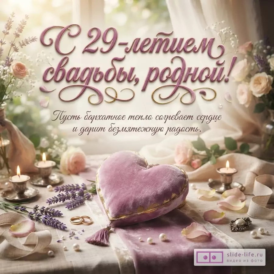 Открытка с розовым бархатным сердцем, лавандой, свечами и кольцами. Фон светлый. Текст: «С 29-летием свадьбы, родной! Пусть бархатное тепло согревает сердце и дарит безмятежную радость.»