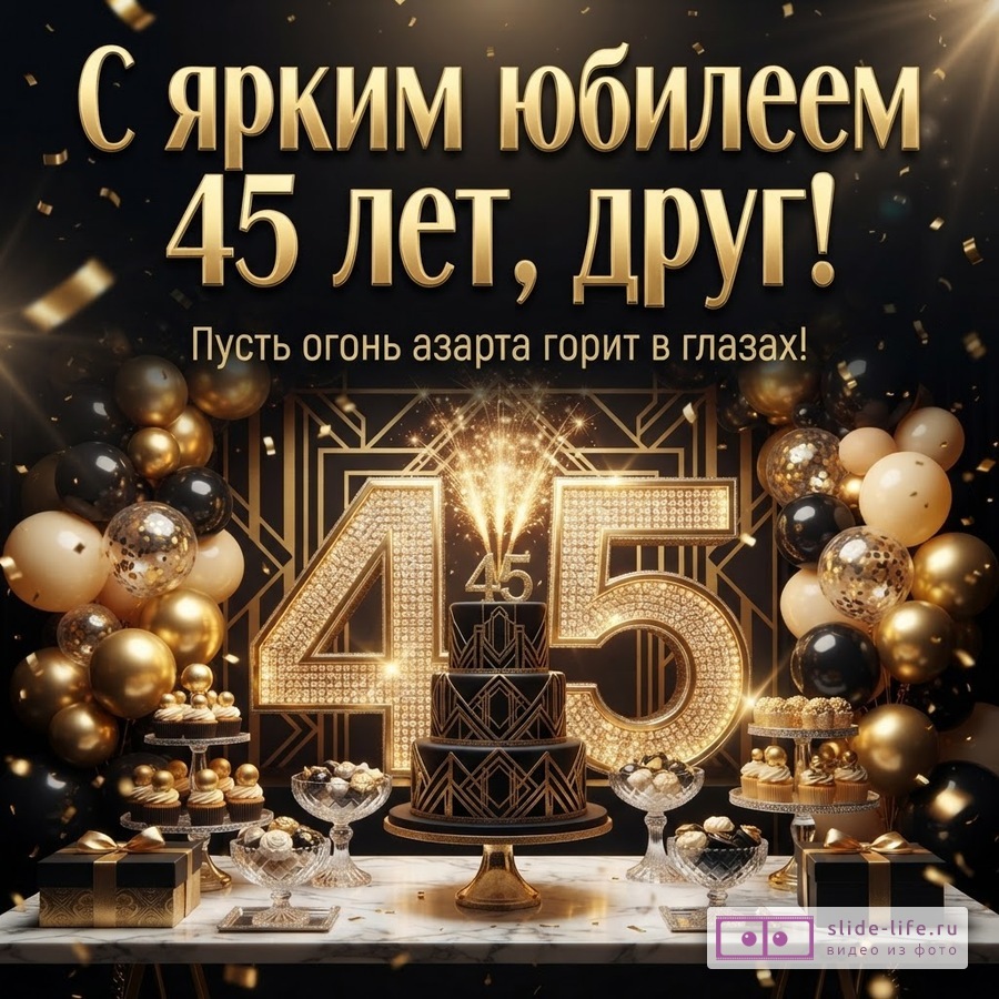 Черный фон, золотые конфетти. Золотые цифры «45» с блестками. Черный торт с золотым декором. Воздушные шары черного и золотого цвета. Текст: «С ярким юбилеем 45 лет, друг! Пусть огонь азарта горит в глазах!»