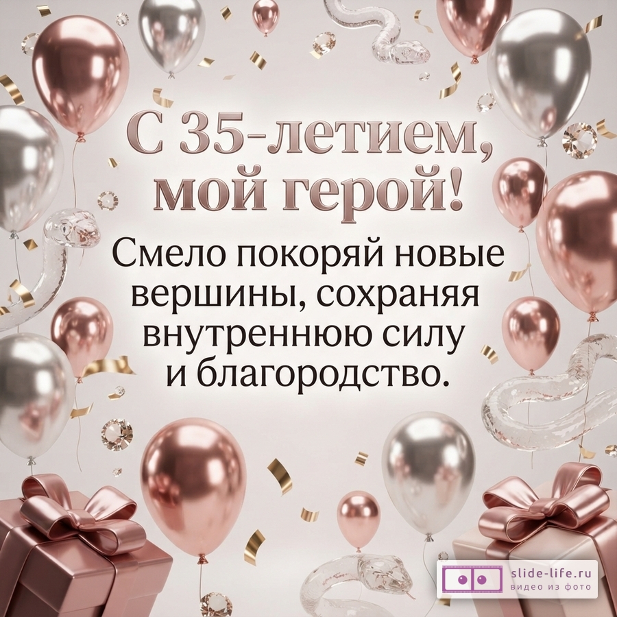 Подарочные коробки, воздушные шары цвета розового золота и серебра, конфетти и надпись «С 35-летием, мой герой! Смело покоряй новые вершины, сохраняя внутреннюю силу и благородство.»