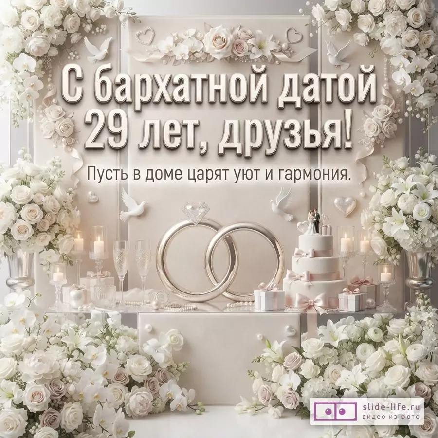 Бежево-белая открытка с цветами, кольцами, свечами, тортом и подарками. Текст: «С бархатной датой 29 лет, друзья! Пусть в доме царят уют и гармония.»