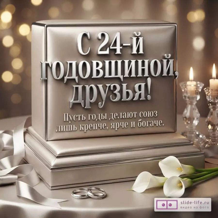 Шелковая шкатулка с надписью «С 24-Й ГОДОВЩИНОЙ, ДРУЗЬЯ! Пусть годы делают союз лишь крепче, ярче и богаче.», кольца, каллы и свечи на столе.