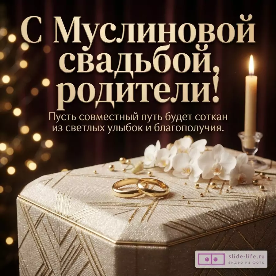 Темный фон, золотые огни боке. Сверху текст золотыми буквами «С Муслиновой свадьбой, родители! Пусть совместный путь будет соткан из светлых улыбок и благополучия.». Внизу справа горящая свеча, белые орхидеи, золотые шарики, два золотых обручальных кольца на золотистой шкатулке.