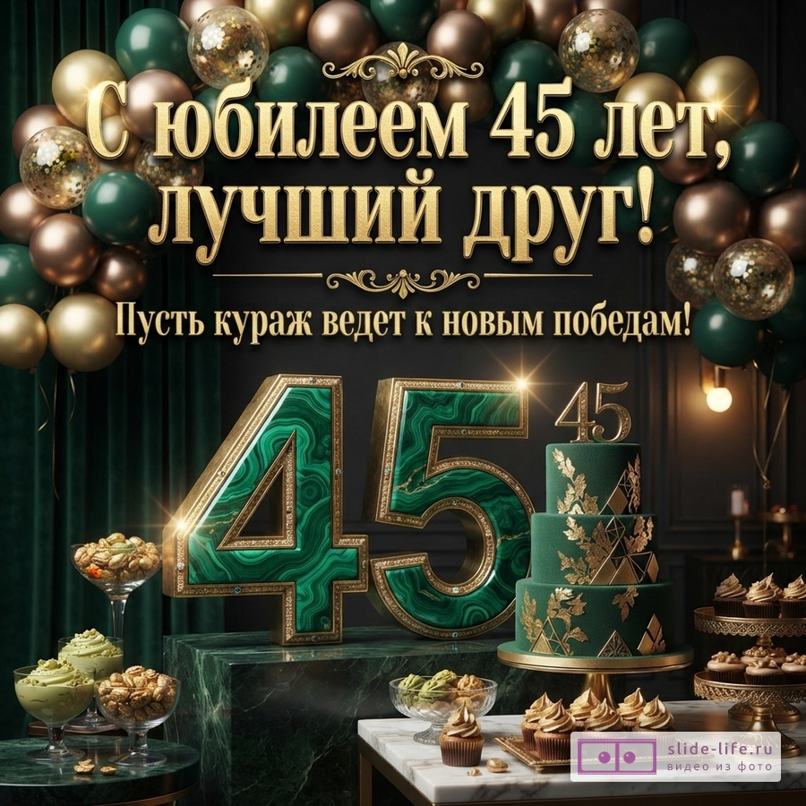 Черный фон, золотые и темно-зеленые шары, золотой текст «С юбилеем 45 лет, лучший друг! Пусть кураж ведет к новым победам!», цифры 45 из малахита с золотой окантовкой, зеленый торт, пирожные.
