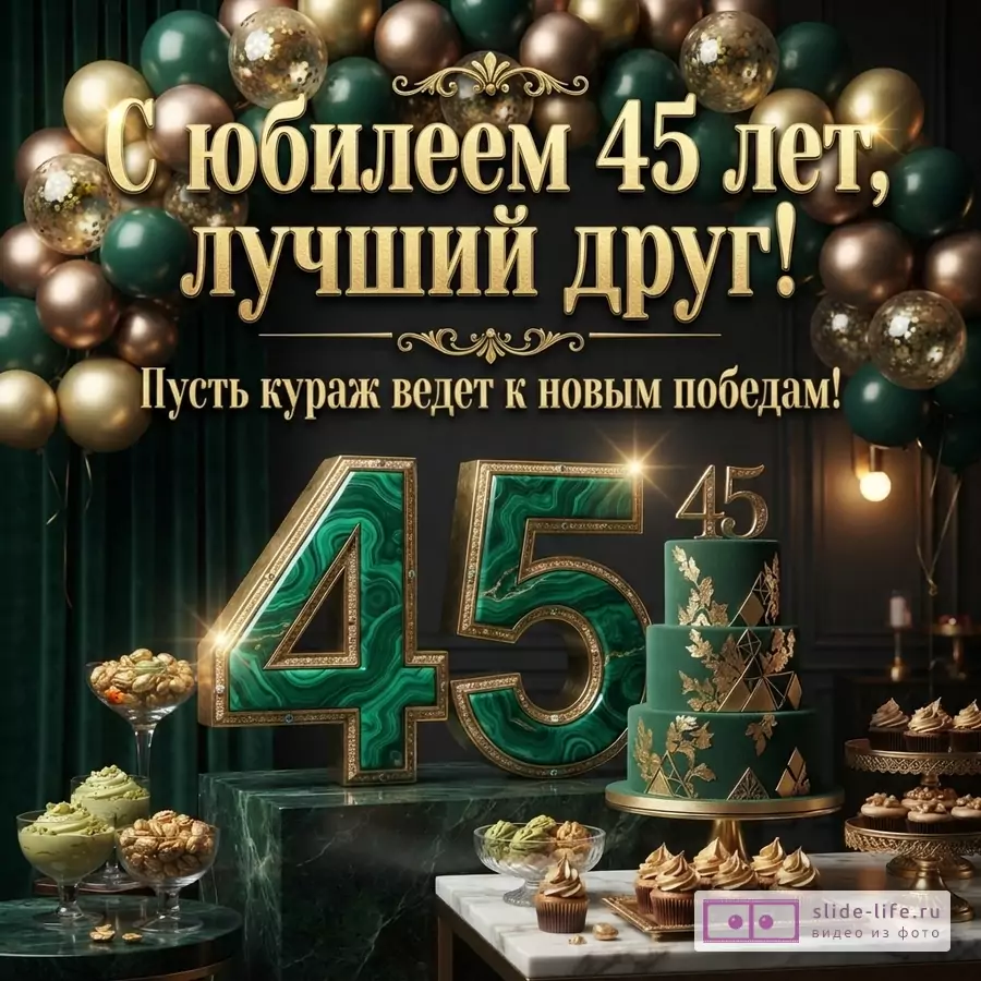 Черный фон, золотые и темно-зеленые шары, золотой текст «С юбилеем 45 лет, лучший друг! Пусть кураж ведет к новым победам!», цифры 45 из малахита с золотой окантовкой, зеленый торт, пирожные.
