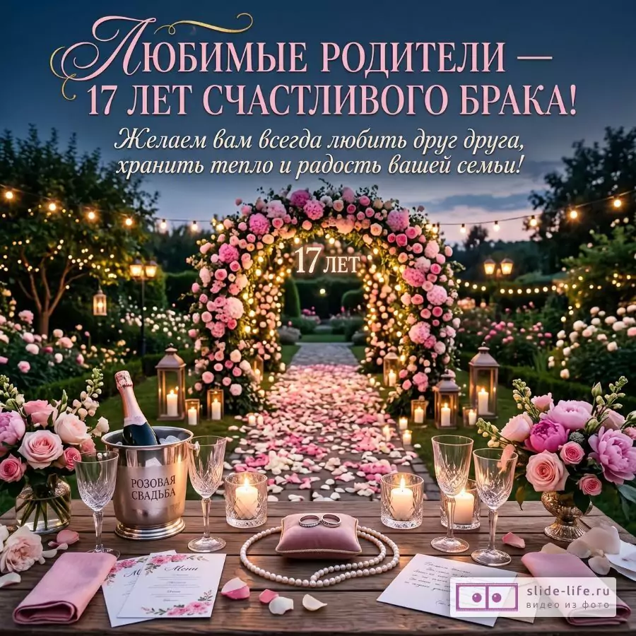 Темно-синий вечерний сад, розовая цветочная арка, свечи, бокалы, шампанское и лепестки. Текст: «Любимые родители — 17 лет счастливого брака!», «17 лет».