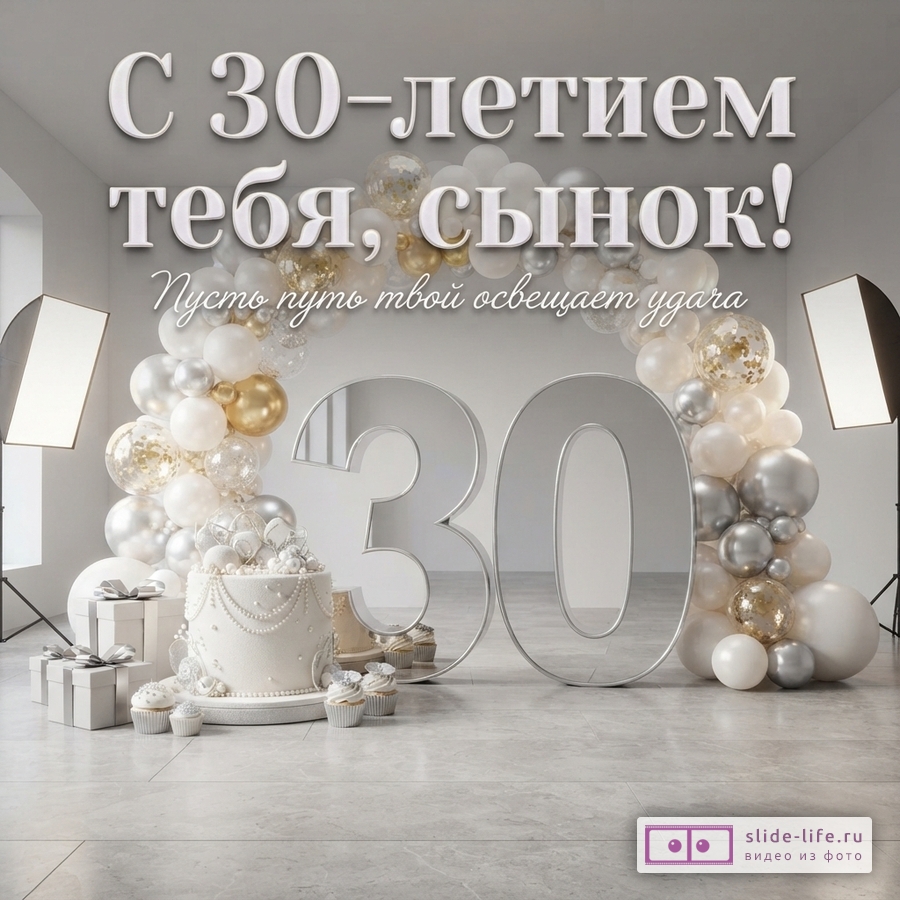 Зеркальная цифра 30 в фотостудии с аркой из белых и серебристых шаров, тортом и надписью «С 30-летием тебя, сынок! Пусть путь твой освещает удача».