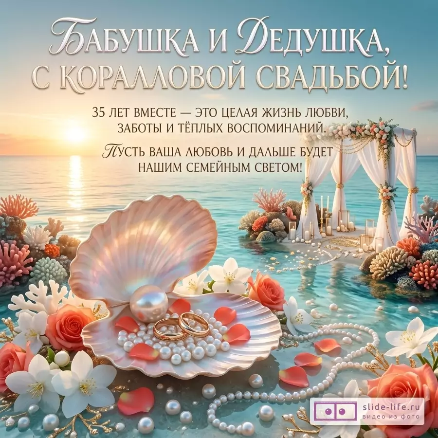 Бирюзово-розовый морской фон, ракушки, жемчуг, кораллы, цветы, свадебная арка. Текст: «Бабушка и Дедушка, с коралловой свадьбой!»