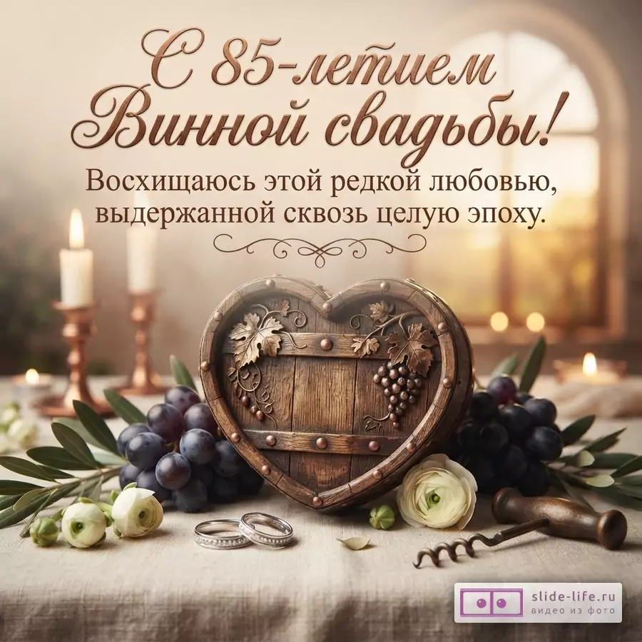 Деревянное сердце в виде бочки, обручальные кольца, виноград и штопор на столе с надписью «С 85-летием Винной свадьбы! Восхищаюсь этой редкой любовью, выдержанной сквозь целую эпоху.»