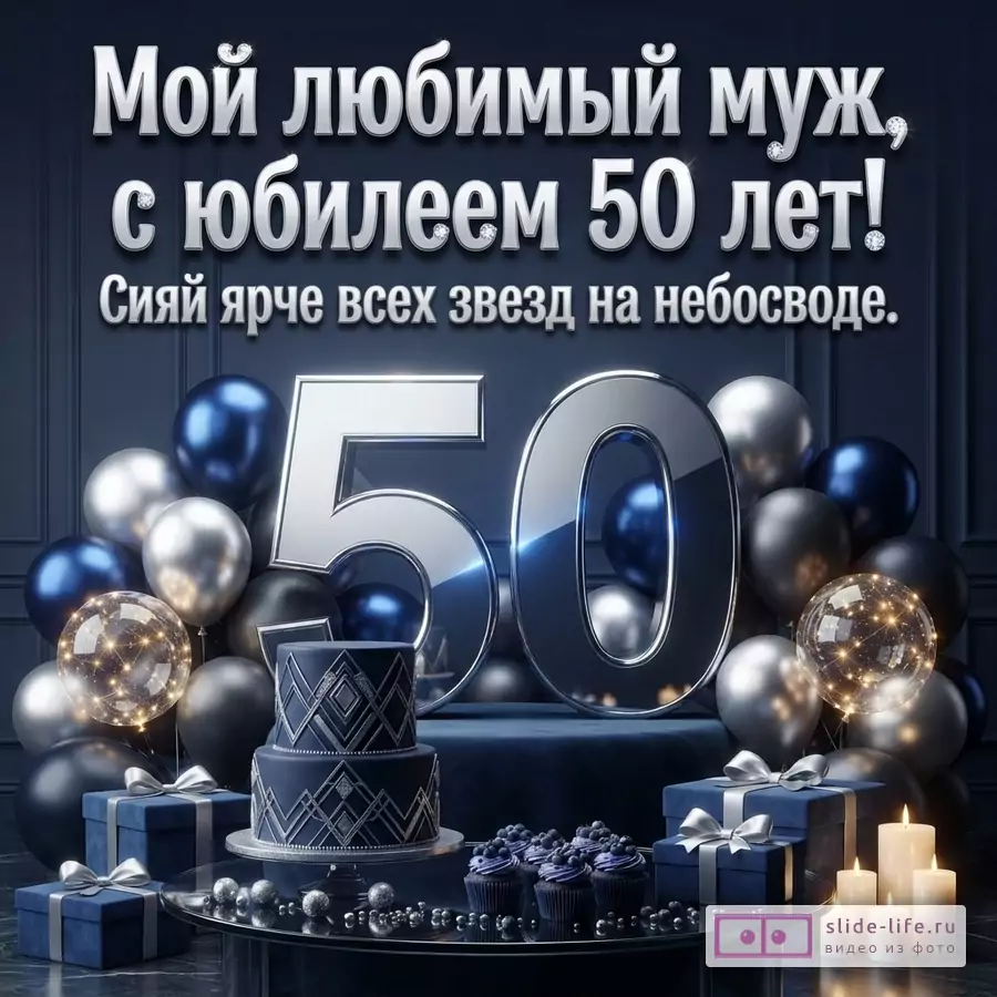 Открытка на темно-синем фоне с серебряными буквами. В центре композиции большие серебряные цифры «50», окруженные синими, серебряными и черными воздушными шарами, а также прозрачными шарами с гирляндами. На переднем плане двухъярусный торт, кексы, подарки в синих коробках и свечи. Текст: «Мой любимый муж, с юбилеем 50 лет! Сияй ярче всех звезд на небосводе.»