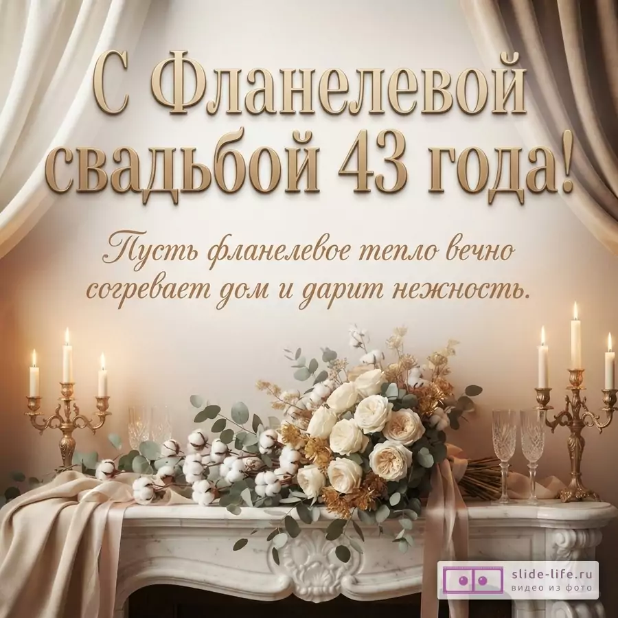 Бежевый фон, бежевые шторы по бокам, камин, свечи, букет цветов. Текст: «С Фланелевой свадьбой 43 года! Пусть фланелевое тепло вечно согревает дом и дарит нежность.»