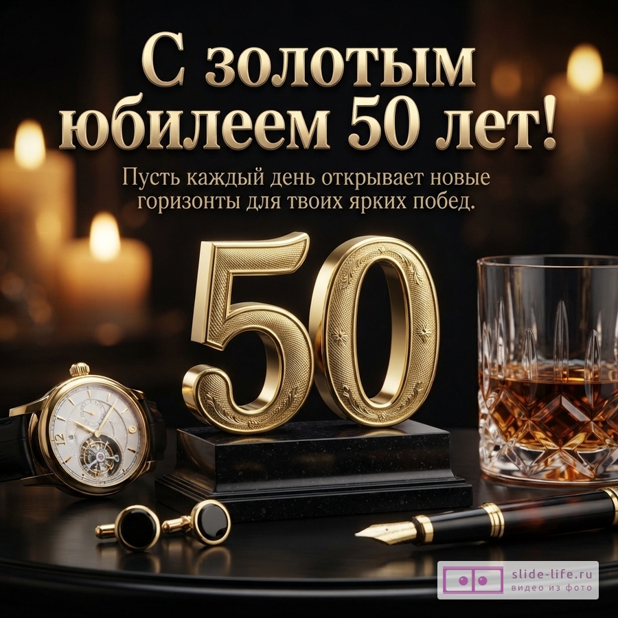 Открытка с золотыми буквами на черном фоне, свечи, часы, запонки, бокал виски, ручка. Текст: «С золотым юбилеем 50 лет! Пусть каждый день открывает новые горизонты для твоих ярких побед.»