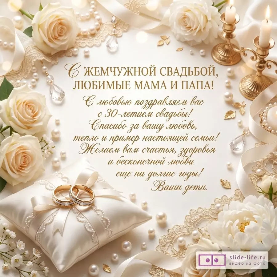 Кремово-бежевый фон, белые розы, жемчуг, золотые кольца и свечи. Текст «С жемчужной свадьбой, любимые мама и папа!»