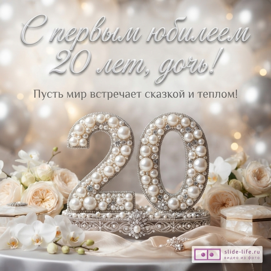 Светлый бежевый фон с боке, белые цветы и крупная цифра 20 с жемчугом, текст «С первым юбилеем 20 лет, дочь! Пусть мир встречает сказкой и теплом!»