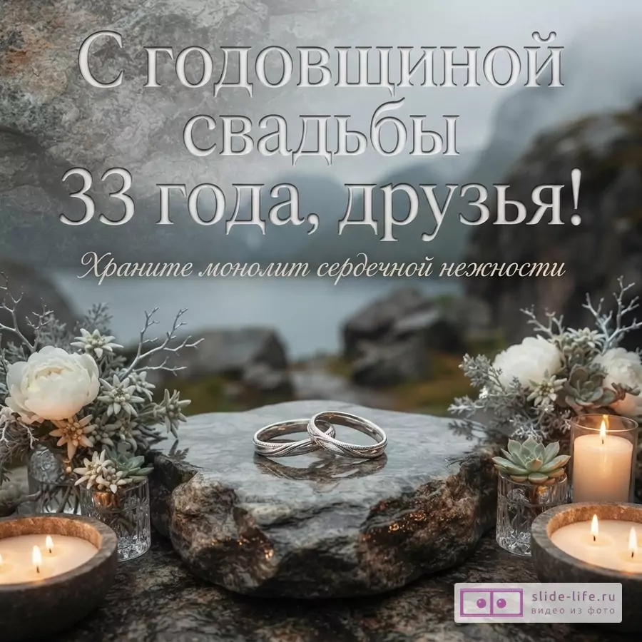 Серый фон с камнями, на переднем плане два обручальных кольца на камне, свечи, цветы. Текст: «С годовщиной свадьбы 33 года, друзья! Храните монолит сердечной нежности»