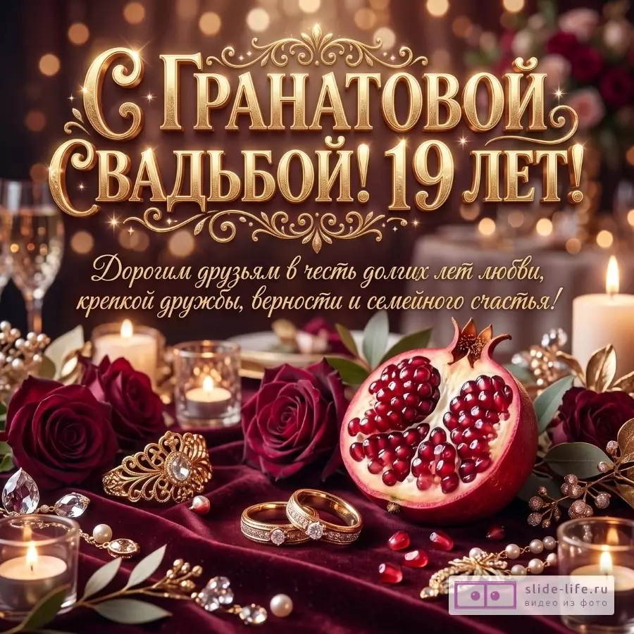 Бордово-коричневый фон с золотыми огнями, бордовые розы, свечи, гранат, обручальные кольца и украшения. Текст: «С ГРАНАТОВОЙ СВАДЬБОЙ! 19 ЛЕТ! Дорогим друзьям в честь долгих лет любви, крепкой дружбы, верности и семейного счастья!»