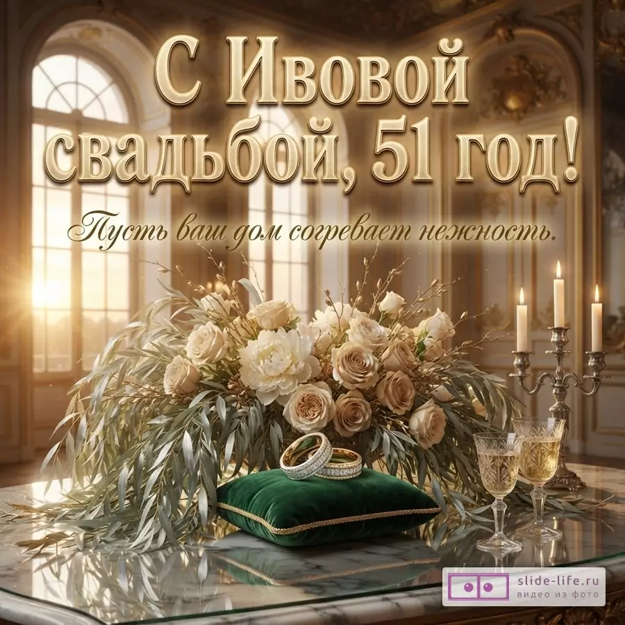 Золотой текст на фоне роскошного интерьера с окнами, букетом роз, обручальными кольцами на зеленой подушке, свечами и бокалами. Текст: «С Ивовой свадьбой, 51 год! Пусть ваш дом согревает нежность.»