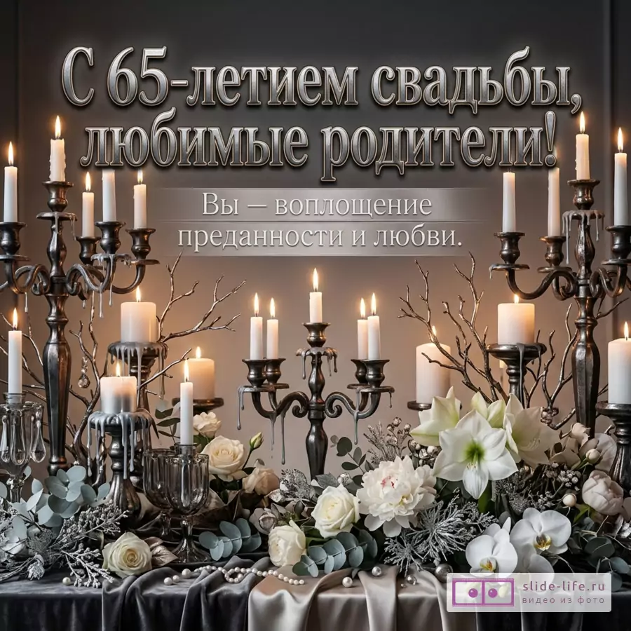 Серый фон, белый текст «С 65-летием свадьбы, любимые родители! Вы — воплощение преданности и любви.», черные канделябры со свечами, белые цветы, ветви, жемчуг, драпировка