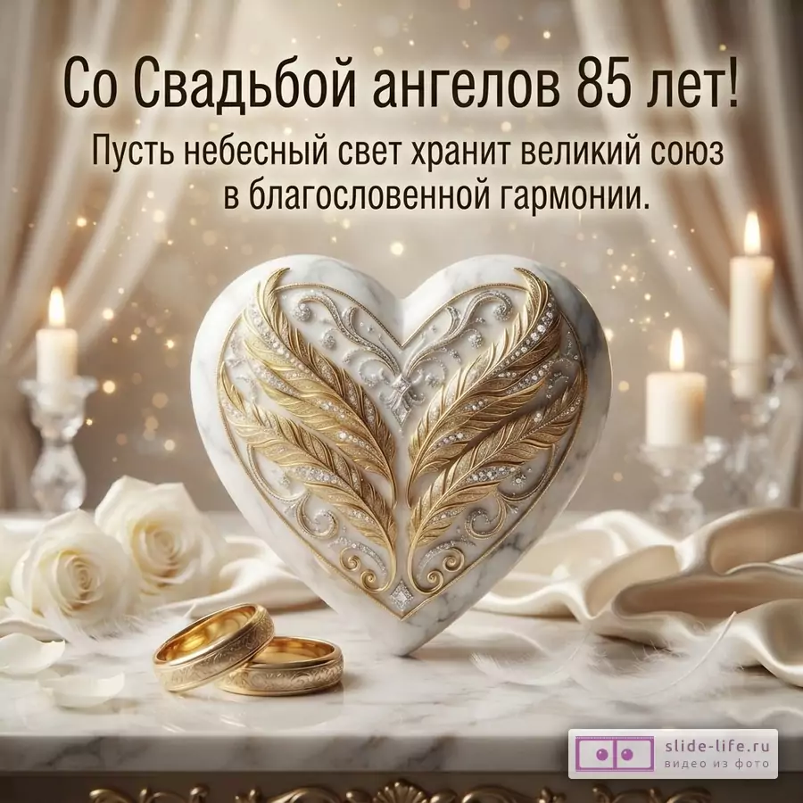 Бежево-золотой фон, мраморное сердце с золотыми крыльями, свечи, белые розы и кольца, текст «Со Свадьбой ангелов 85 лет! Пусть небесный свет хранит великий союз в благословенной гармонии.»