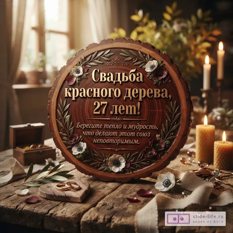 Круглая деревянная доска с резьбой и цветами на фоне деревянного стола со свечами. Текст: «Свадьба красного дерева, 27 лет! Берегите тепло и мудрость, что делают этот союз неповторимым.»