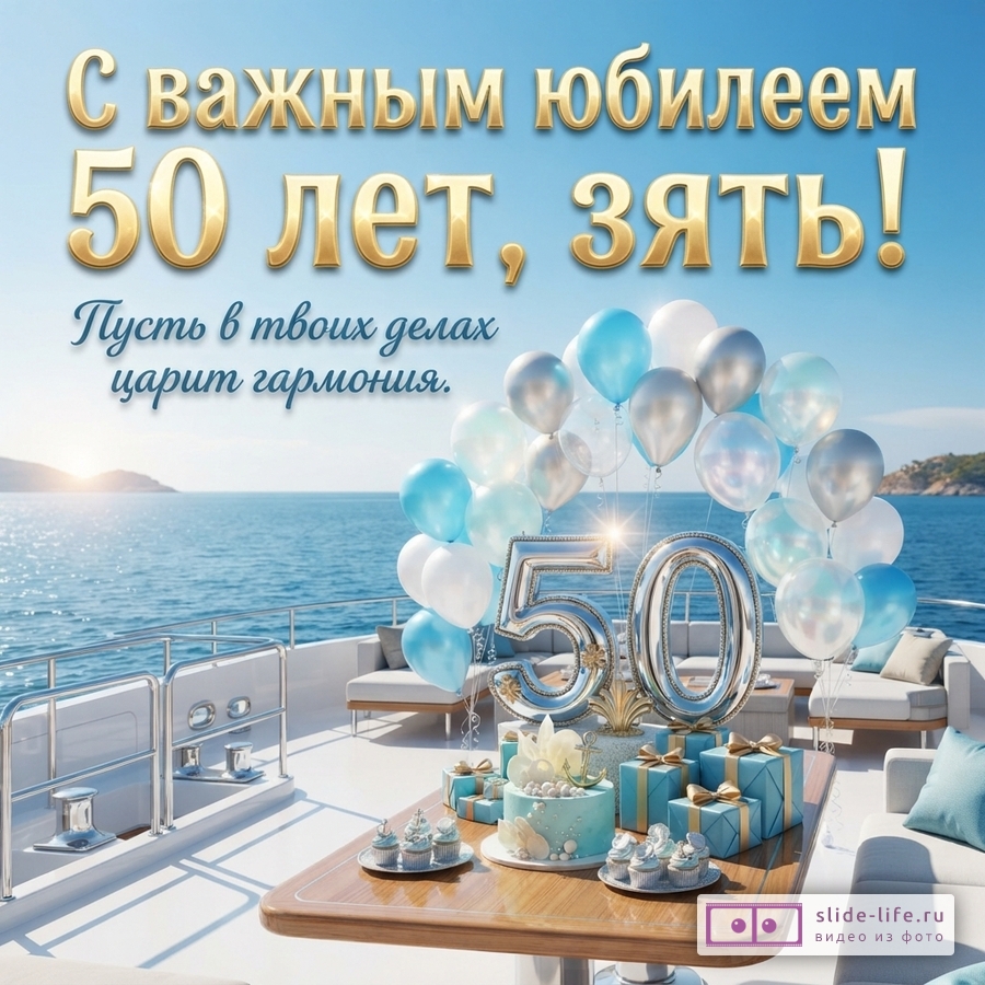 Открытка на фоне моря и яхты с голубым небом, золотыми буквами «С важным юбилеем 50 лет, зять!» и синими курсивными буквами «Пусть в твоих делах царит гармония.». На столе торт, подарки и шары в виде цифры 50.