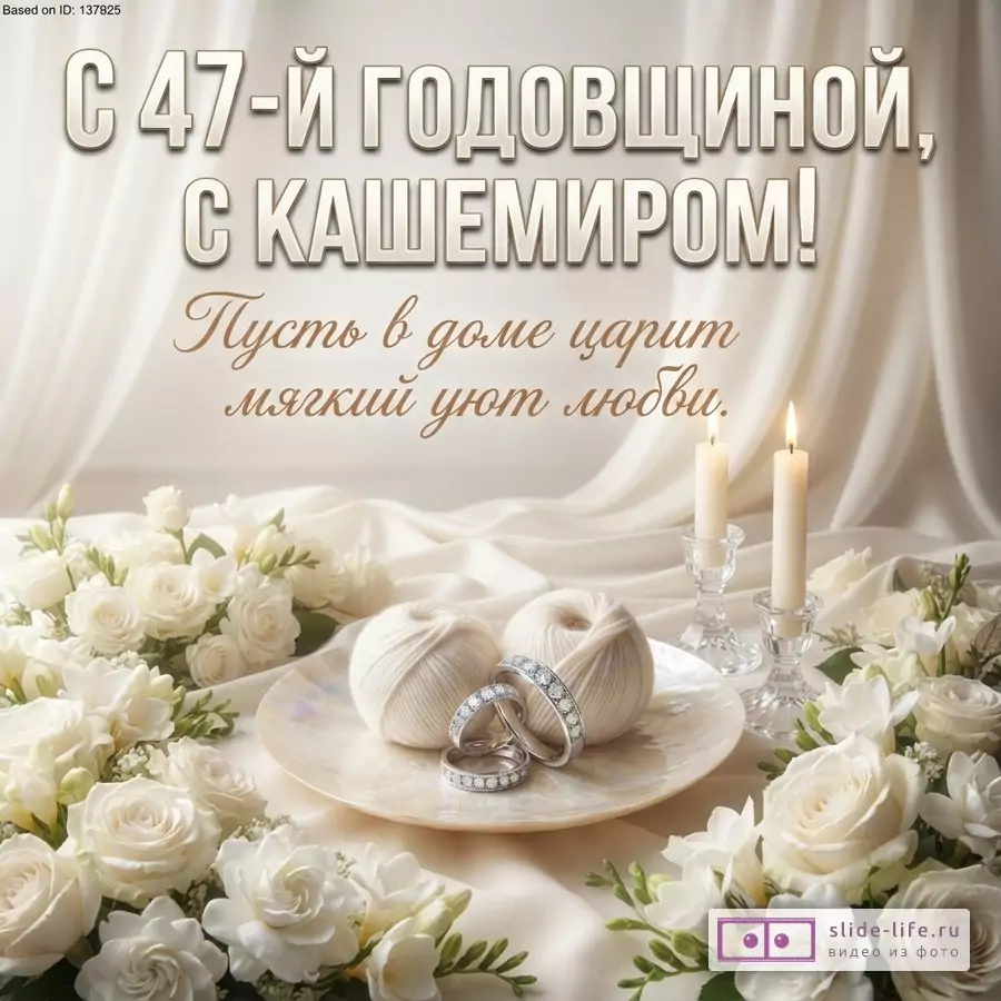 Бежевый фон, белые розы, две свечи, два клубка ниток, два кольца. Текст «С 47-Й ГОДОВЩИНОЙ, С КАШЕМИРОМ! Пусть в доме царит мягкий уют любви.»