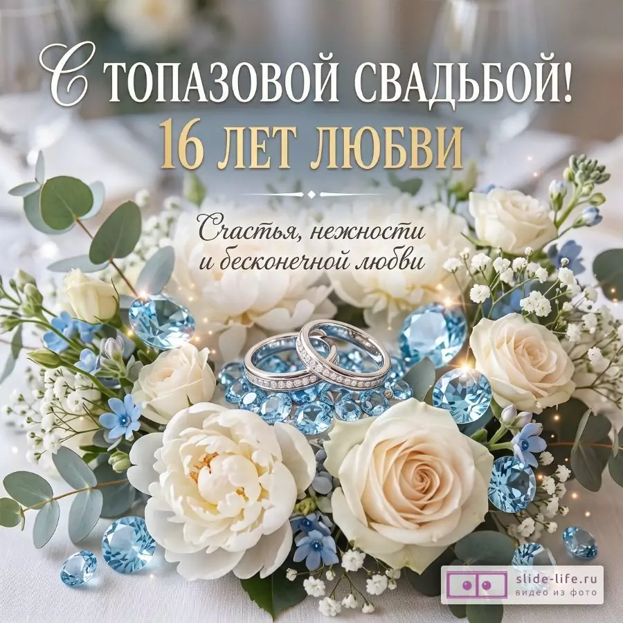 Бежево-серый размытый фон, букет белых роз, пионов и голубых цветов, эвкалипт, голубые топазы, обручальные кольца, текст «С ТОПАЗОВОЙ СВАДЬБОЙ! 16 ЛЕТ ЛЮБВИ Счастья, нежности и бесконечной любви»