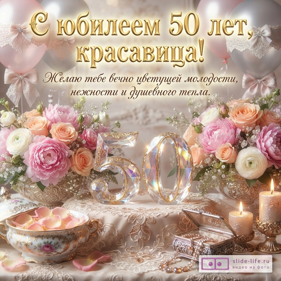 Открытка с юбилеем 50 лет женщине. Фон бежевый, розовые и белые воздушные шары, букеты розовых цветов, свечи, шкатулка с украшениями, ваза с лепестками роз. В центре хрустальные цифры «50». Надпись «С юбилеем 50 лет, красавица! Желаю тебе вечно цветущей молодости, нежности и душевного тепла.»