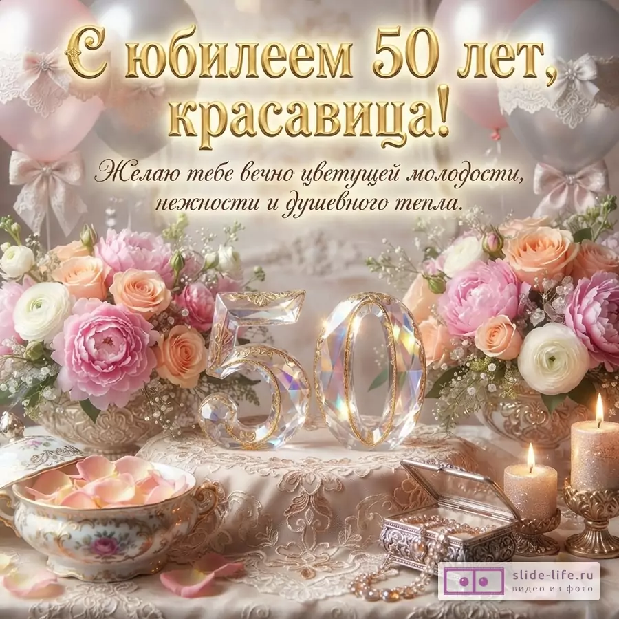 Открытка с юбилеем 50 лет женщине. Фон бежевый, розовые и белые воздушные шары, букеты розовых цветов, свечи, шкатулка с украшениями, ваза с лепестками роз. В центре хрустальные цифры «50». Надпись «С юбилеем 50 лет, красавица! Желаю тебе вечно цветущей молодости, нежности и душевного тепла.»