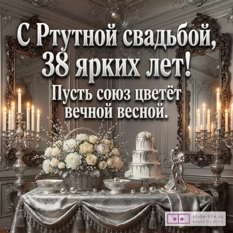 Серая комната, два зеркала, свечи, корзина с белыми розами, серебряный торт, статуэтка. Текст: «С Ртутной свадьбой, 38 ярких лет! Пусть союз цветёт вечной весной.»