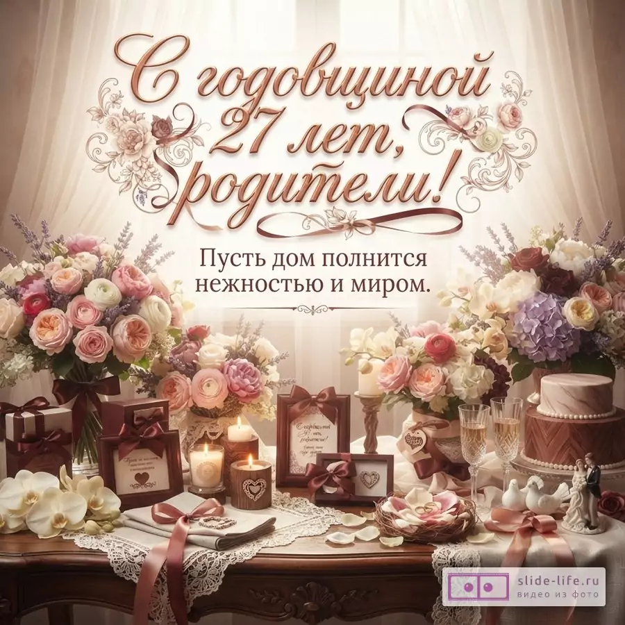 Открытка с бежевым фоном, цветочными узорами и надписью «С годовщиной 27 лет, родители! Пусть дом полнится нежностью и миром.»
