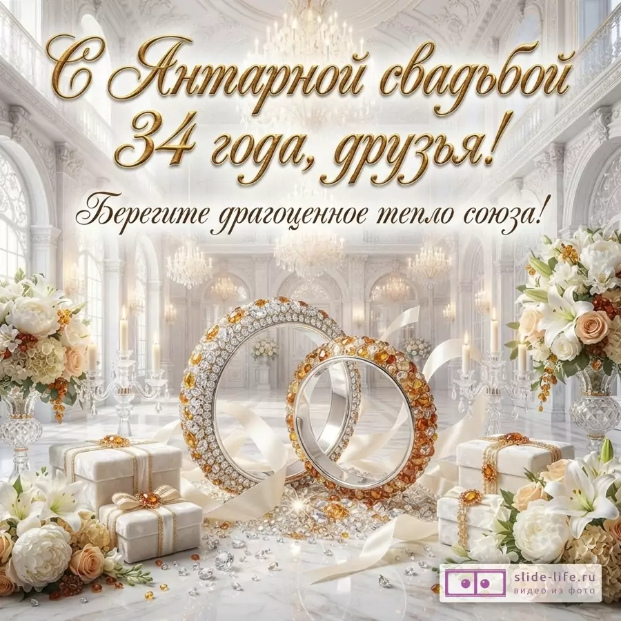 Белый фон, золотые буквы, обручальные кольца с камнями, подарки, цветы. Надпись «С Янтарной свадьбой 34 года, друзья! Берегите драгоценное тепло союза!»