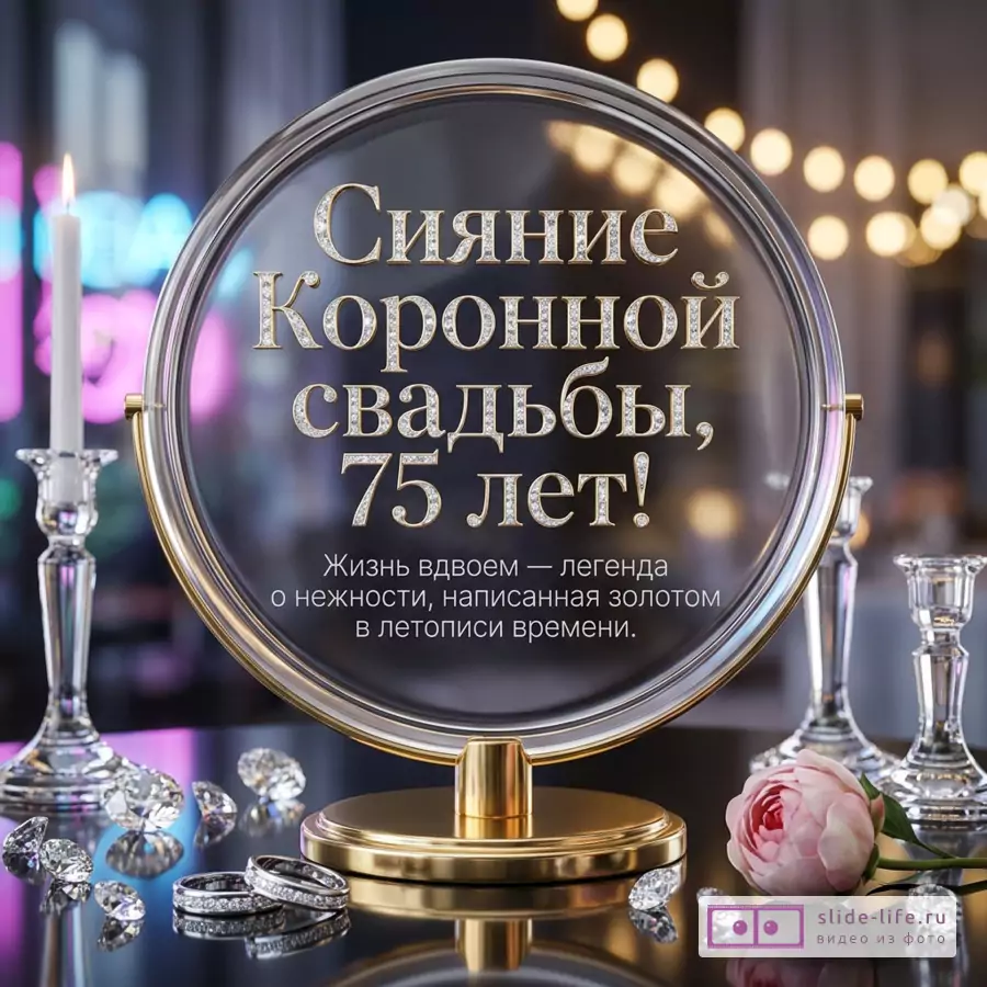 Круглая стеклянная рамка в золоте, кольца, роза, свечи и надпись: «Сияние Коронной свадьбы, 75 лет! Жизнь вдвоем — легенда о нежности, написанная золотом в летописи времени.»