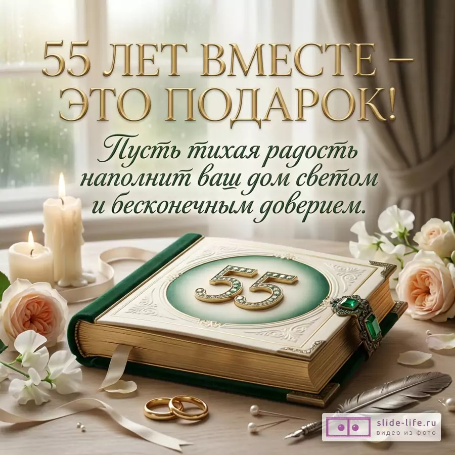 Открытка с текстом «55 ЛЕТ ВМЕСТЕ – ЭТО ДАР! Пусть тихая радость наполнит ваш дом светом и бесконечным доверием.» светлый фон, свечи, белые и розовые розы, книга, перо, число 55, кольца