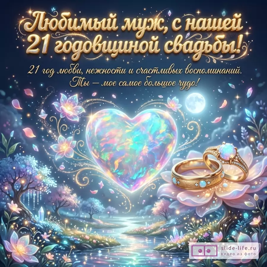 Темно-синий сказочный фон, светящееся опаловое сердце, золотые кольца, цветы и лунный свет; текст «Любимый муж, с нашей 21 годовщиной свадьбы!»