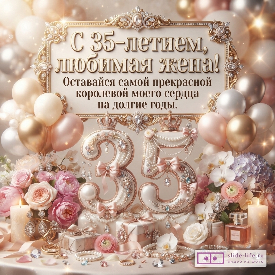 Открытка с бежевым фоном, золотой рамкой, воздушными шарами, цветами, свечами и цифрами «35». Текст: «С 35-летием, любимая жена! Оставайся самой прекрасной королевой моего сердца на долгие годы.»